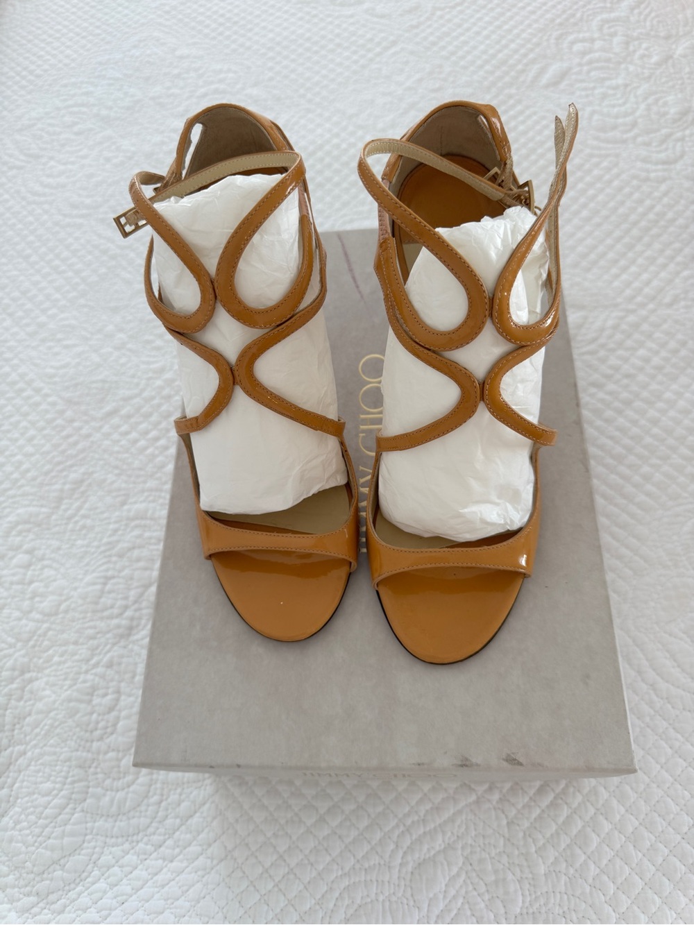 Jimmy Choo  Tan Patent 3.5” high Heel Sandals